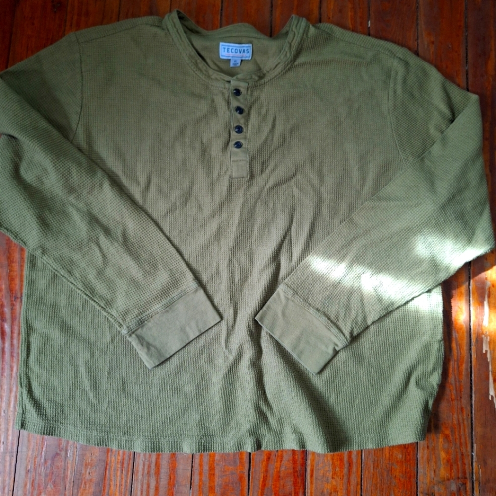Tecovas Men's XL Long Sleeve Green Waffle Knit Pima Cotton Thermal Henley Shirt